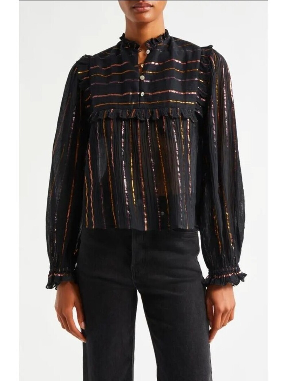 FARM Rio Black Metallic Stripe Ruffle Trim Blouse XS